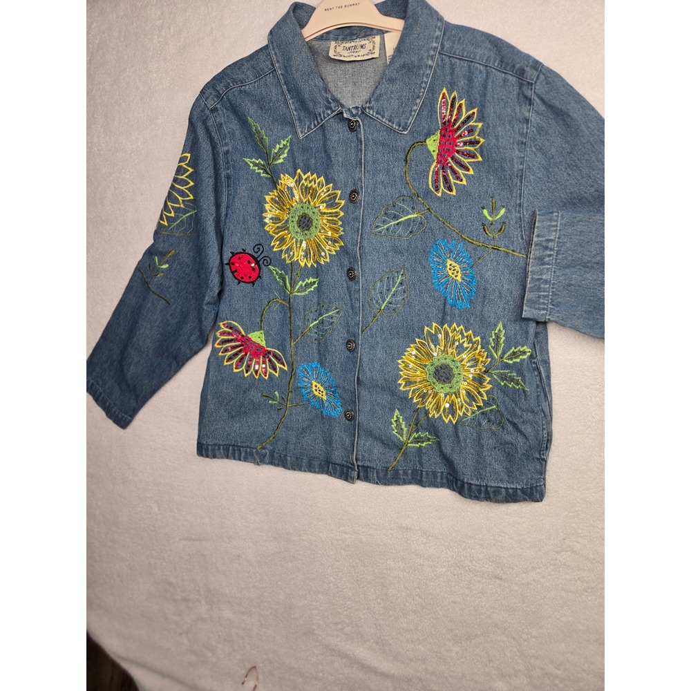 Vintage Embroidered Sunflower Ladybug Denim Jacket Blue Large L Cotton Pockets - Picture 10 of 16